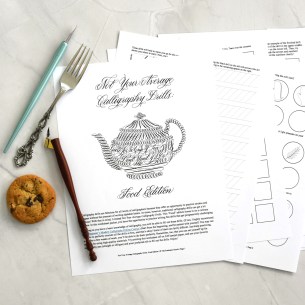Not Your Average Calligraphy Drills: Food Edition is 16 pages long and provides fun and challenging pointed pen practice.